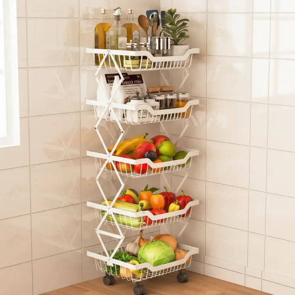 Storage Rack - 5 Tier Foldable Carbon Steel Fruit Vegetable Trolley White Kitchen & Dining Carts