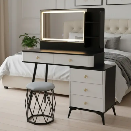 LED Vanity Dressing Table with Side Cabinet & Stool Lighted Vanities