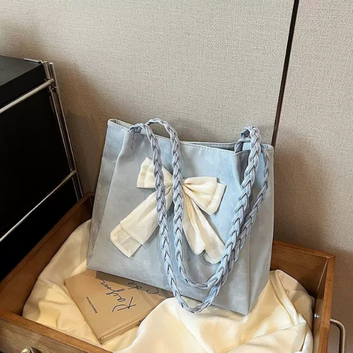 Elegant Bow Tote Bag with Braided Handles and Ribbon Detail