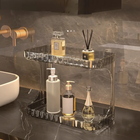 Vanity Organiser - 2-Tier Acrylic Cosmetic Shelf 21cm Layer Gap Clear Grey Home & Garden Household Storage Caddies