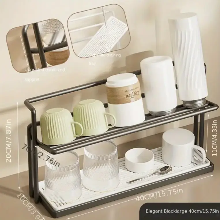 Kitchen Rack - 2-Tier Counter Cup and Mug Storage Organizer with Draining Tray 40cm Black Kitchen & Dining Cup Racks