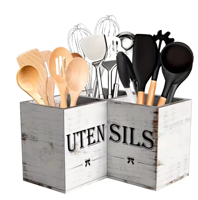 Utensil Holder - 4-Slot Rustic White Wooden UTENSILS Caddy Farmhouse Kitchen & Dining Kitchen Utensil Holders