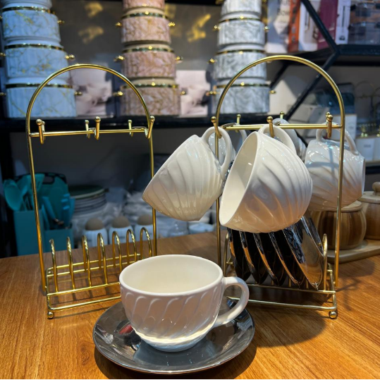 Gold Wire Cup and Saucer Holder Stand with Hooks Kitchen & Dining Drinkware Holders