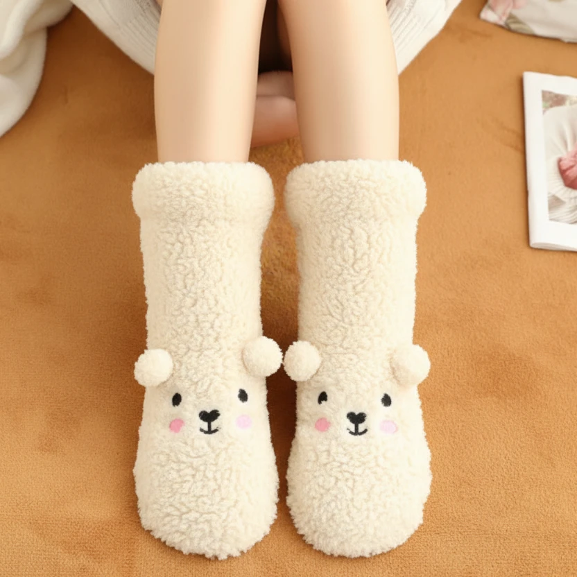 Fluffy Bear Slipper Socks Anti-Slip Sherpa Mid-Calf Home & Garden Crew Socks