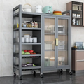 Kitchen Storage Rack - Carbon Steel with Glass Cabinet Shelves and Wheels Grey Gold Kitchen & Dining Kitchen Cabinets