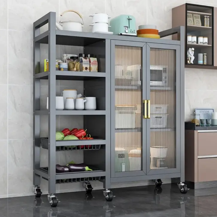 Kitchen Storage Rack - Carbon Steel with Glass Cabinet Shelves and Wheels Grey Gold Kitchen & Dining Kitchen Cabinets
