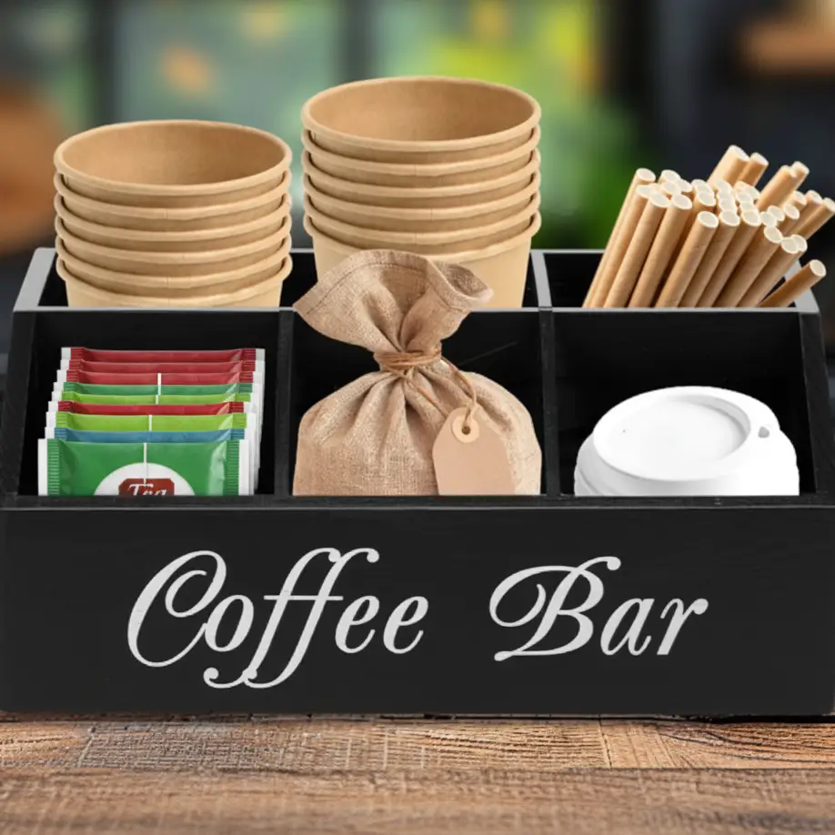 Coffee Station Organiser - 5-Compartment Wooden Coffee Bar Caddy Black Kitchen & Dining Kitchen Counter & Beverage Station Organizers