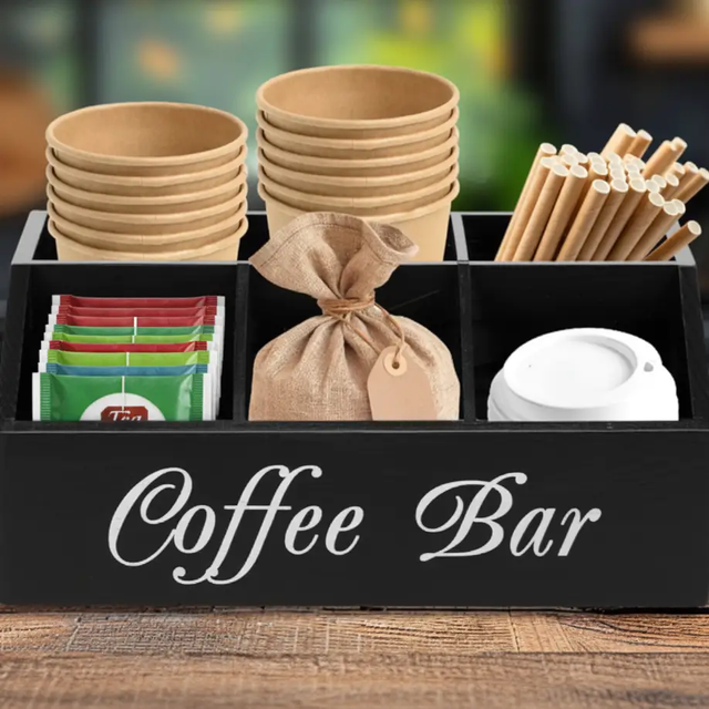 Coffee Station Organiser - 5-Compartment Wooden Coffee Bar Caddy Black Kitchen & Dining Kitchen Counter & Beverage Station Organizers