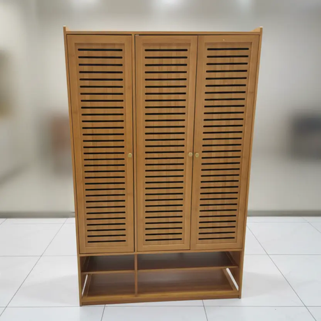 Shoe Cabinet - 10-Tier Bamboo 3 Slatted Door with Open Bottom Shelf 139x88x32cm Walnut Brown Furniture Storage Cabinets & Lockers