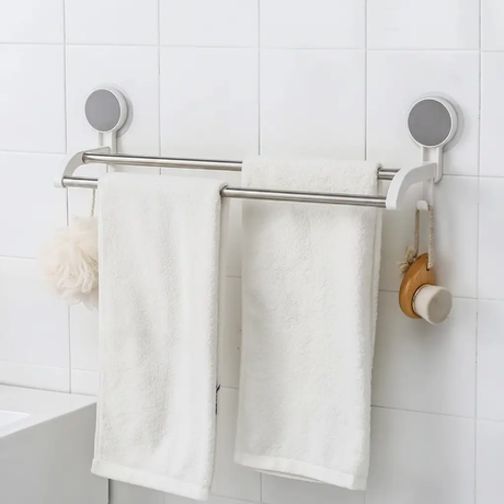 Towel Rack - Double Self-Adhesive Stainless Steel Dual Rod with Side Hooks Home & Garden Towel Racks