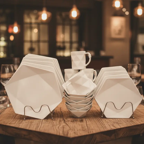 Dinner Set - 24pcs Hexagonal Geometric White Ceramic Serves 6 Kitchen & Dining Dinnerware Sets