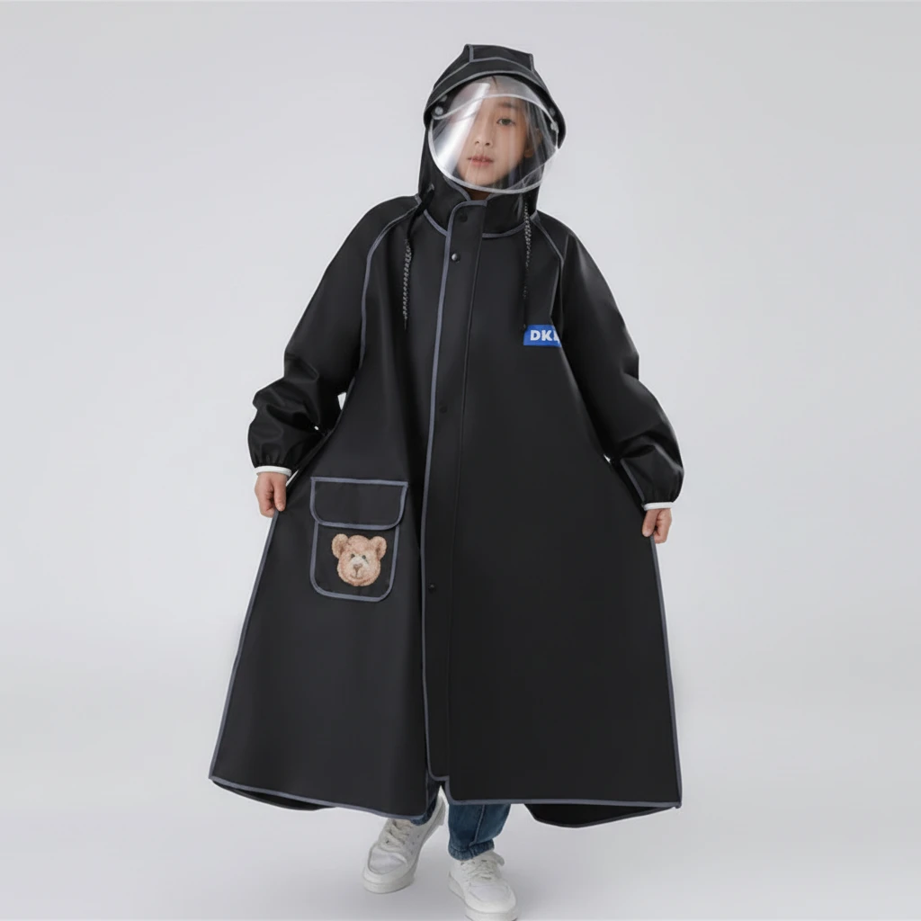 DKAI Children's Long Raincoat Wide Brim Clear Visor Hood Zip Snap Teddy Bear Pocket 3XL 150-160cm Teal Black Lavender Home & Garden Rain Coats