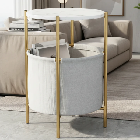 Modern Luxury Side Table Marble Effect Round Top with Fabric Storage Basket 43x43x61.5cm Black Gold Home & Garden End Tables