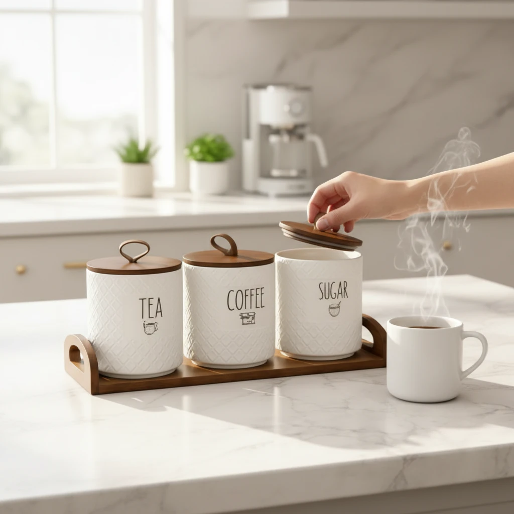 Luxury 4-Piece Ceramic Canister Set Tea Coffee Sugar 500ml Bamboo Lids Wooden Tray Design A Kitchen & Dining Food Storage Containers