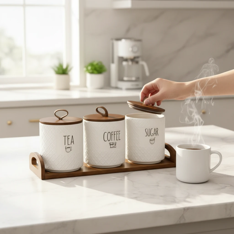 Luxury 4-Piece Ceramic Canister Set Tea Coffee Sugar 500ml Bamboo Lids Wooden Tray Design A Kitchen & Dining Food Storage Containers