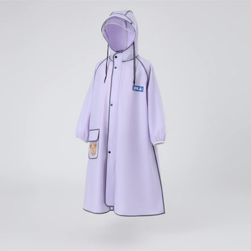 DKAI Children's Long Raincoat Wide Brim Clear Visor Hood Zip Snap Teddy Bear Pocket 3XL 150-160cm Teal Black Lavender Home & Garden Rain Coats