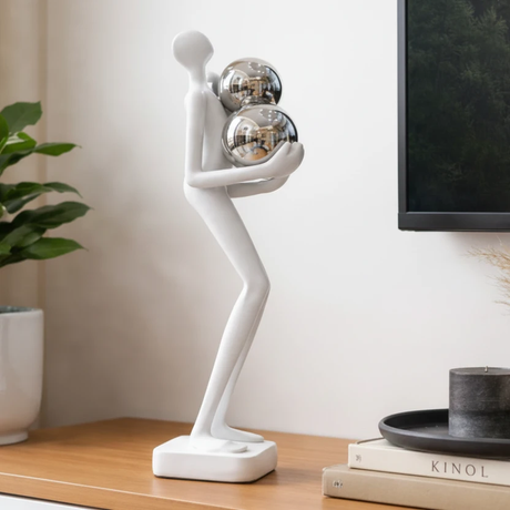Abstract Running Figure Chrome Silver Balls Resin Sculpture White Marble Base 45cm Home & Garden Sculptures & Statues