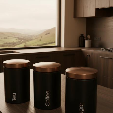 Canister Set - Sugar Tea Coffee 3-Piece Metal with Rose Gold Lids Kitchen & Dining Food Storage Containers