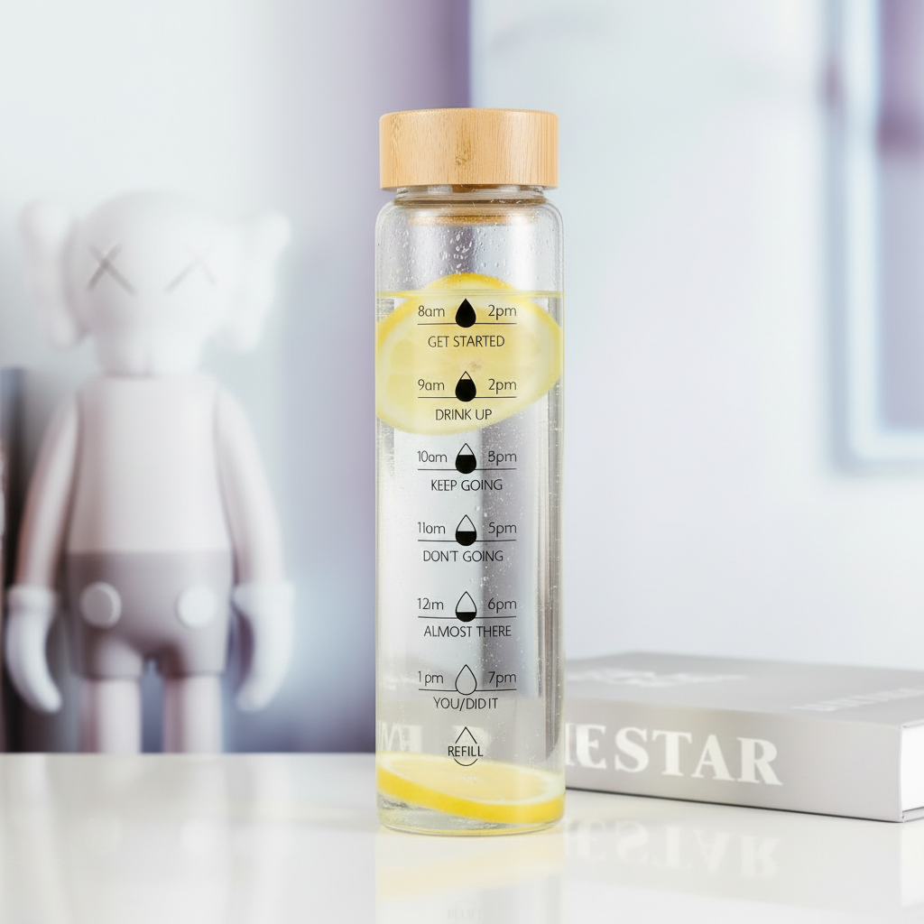 Water Bottle - 1000ml Motivational Borosilicate Glass with Bamboo Lid and Filter Clear Kitchen & Dining Water Bottles