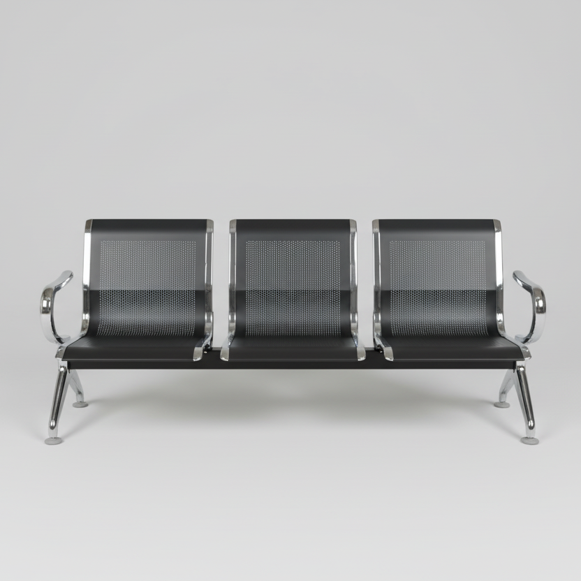 Waiting Bench - 3-Seater Perforated Metal with Chrome Armrests