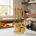 Serving Spoon Set - 6-in-1 Gold Plated Bubble Handle Kitchen Utensils with Stand Kitchen & Dining Kitchen Utensil Sets