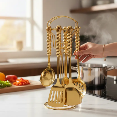 Serving Spoon Set - 6-in-1 Gold Plated Bubble Handle Kitchen Utensils with Stand Kitchen & Dining Kitchen Utensil Sets