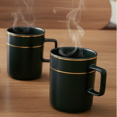 Mug Set - 6-Piece Matte Black Ceramic with Gold Double Ring Kitchen & Dining Coffee & Tea Cups