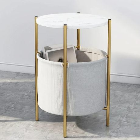 Modern Luxury Side Table Marble Effect Round Top with Fabric Storage Basket 43x43x61.5cm Black Gold Home & Garden End Tables