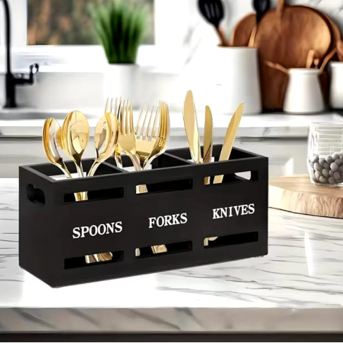 Cutlery Holder - 3-Compartment Black Wooden Spoons Forks Knives Caddy Kitchen & Dining Utensil & Flatware Trays