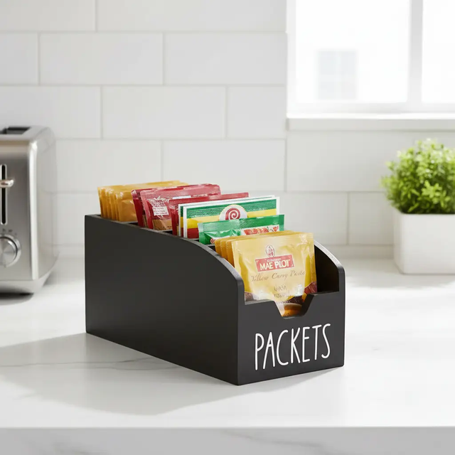Wooden Packets Organiser 3-Slot Tea Bag Coffee Sachet Holder 28x13.4x12.7cm Black Kitchen & Dining Kitchen Counter & Beverage Station Organizers