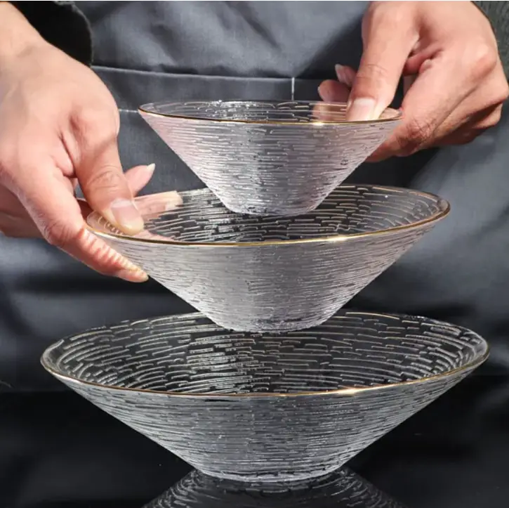 Glass Bowl Set - 3pcs Transparent Textured Gold Rim Fruit Salad Dessert Kitchen & Dining Bowls
