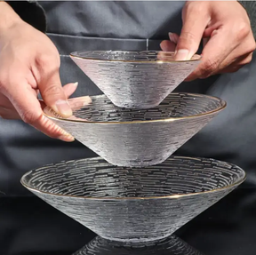 Glass Bowl Set - 3pcs Transparent Textured Gold Rim Fruit Salad Dessert Kitchen & Dining Bowls