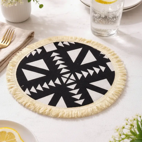 Table Mat Set - 6pc Handmade Cotton Linen Aztec Fringe Double Sided Black Brown 35x250cm Home & Garden Placemats