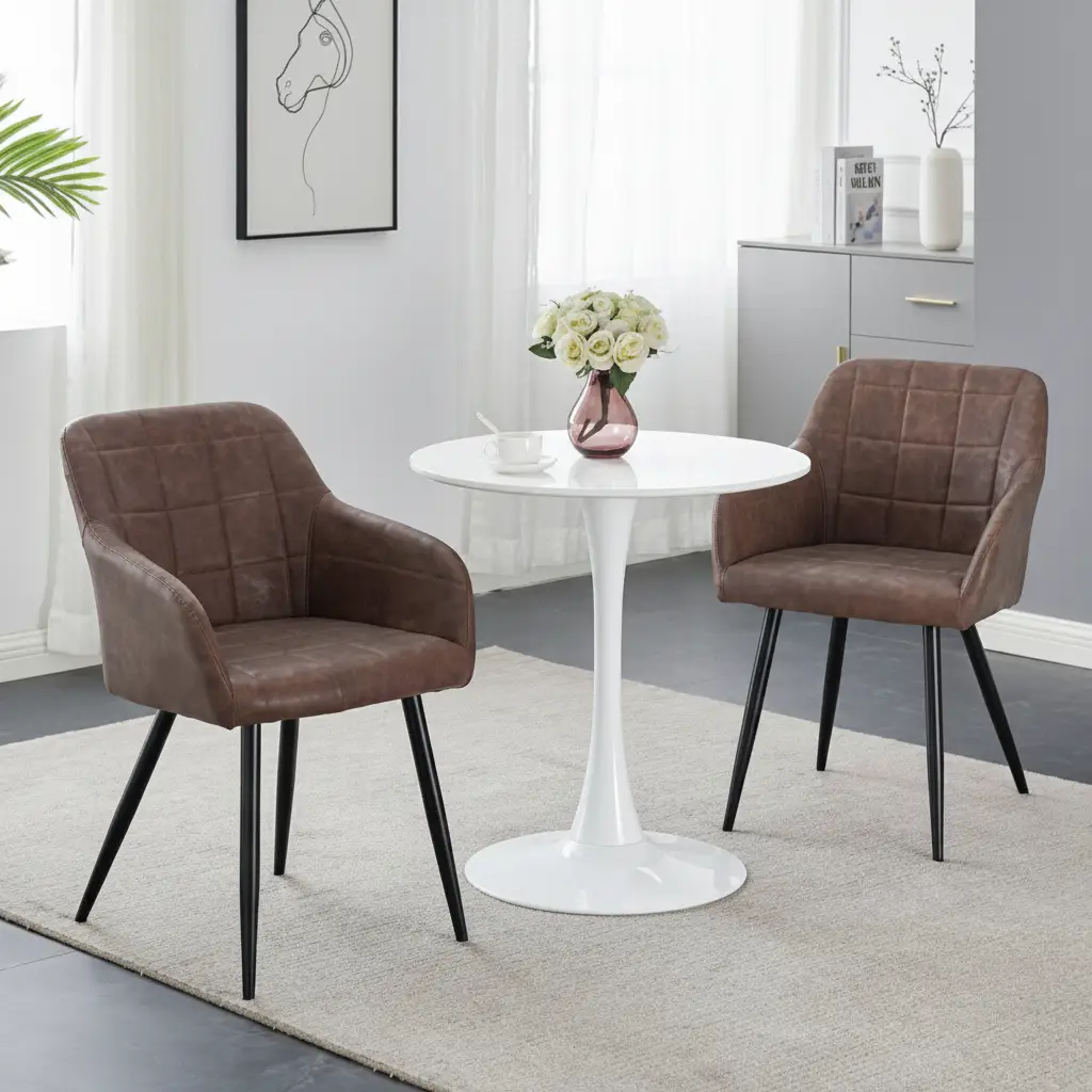 Dining Chair - Grid Stitch Microfibre Armchair with Padded Arms and Black Metal Legs Brown Furniture Kitchen & Dining Room Chairs