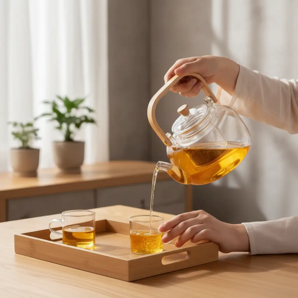 Tea Set - 8-Piece Luxury Glass Teapot 6 Cups and Bamboo Serving Tray Kitchen & Dining Tea Sets