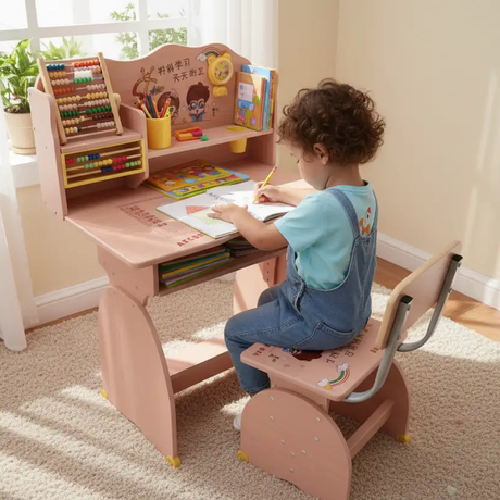 Kids Study Desk and Chair Set - Abacus Shelf Cartoon Design Blue Natural Wood Furniture Office Furniture Sets