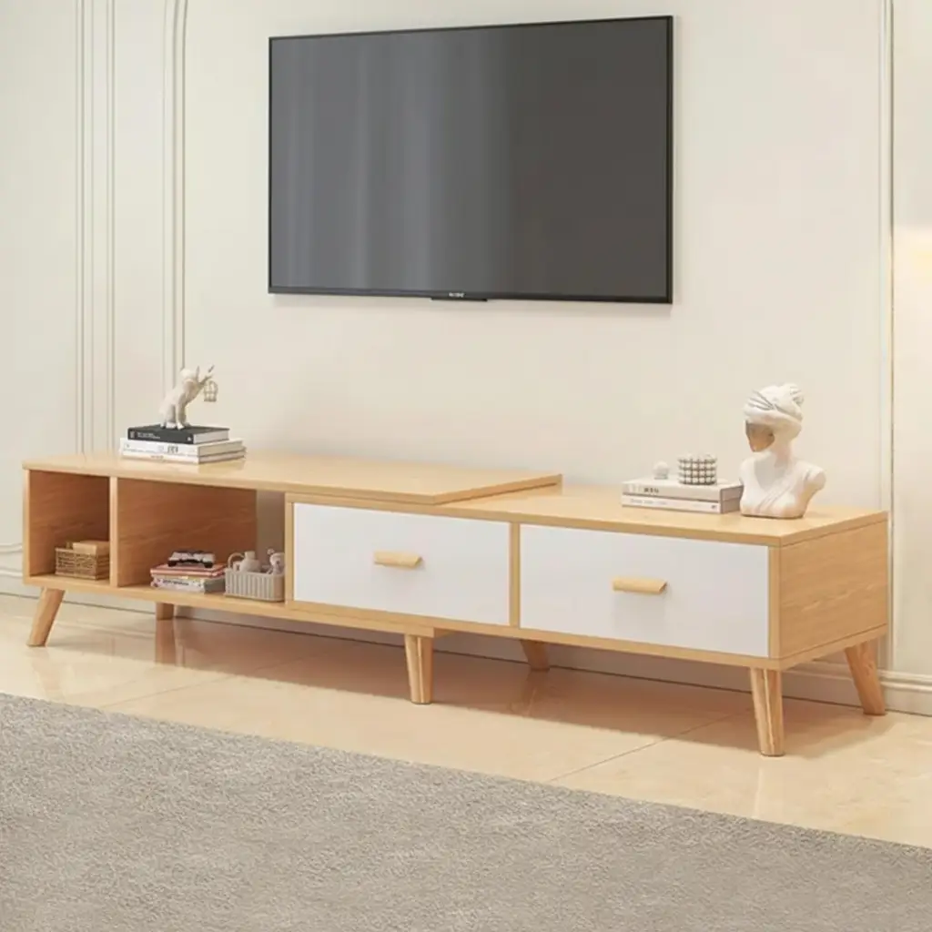 TV Stand - Expandable 2-Drawer with Open Shelves and Natural Wood Furniture Entertainment Centers & TV Stands