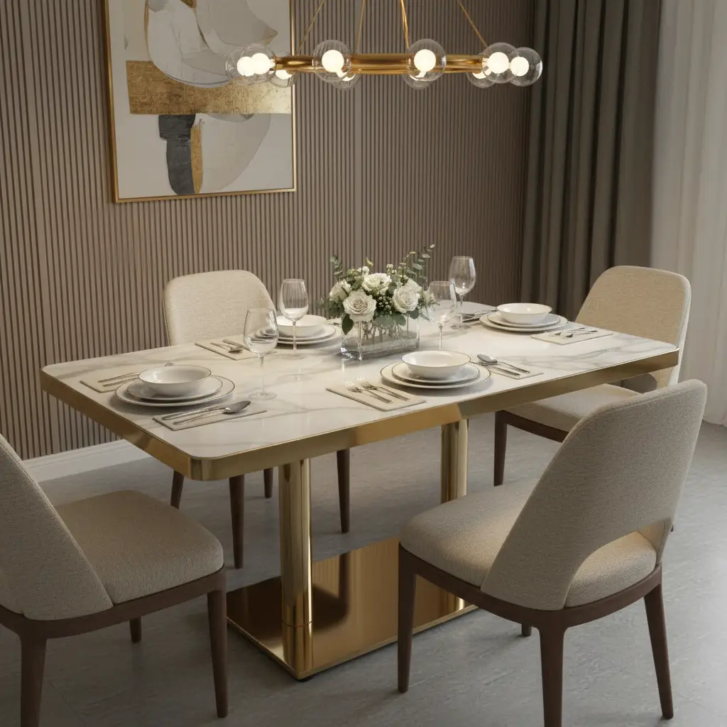 Dining Table White Marble Effect Top And Gold Edge Trim Twin Column Gold Base Furniture Kitchen & Dining Room Tables