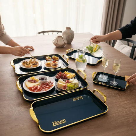 Serving Tray Set - 3-Piece Navy Blue Gold Handle Rectangular Nesting Trays Kitchen & Dining Serving Trays