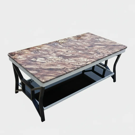 Coffee Table - LSC071 Marble Effect Top 2-Tier with Curved Black Legs Brown Rose Furniture Coffee Tables