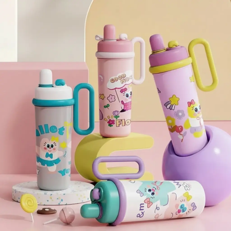 Kids Water Bottle - 304 Stainless Steel Insulated Cartoon with Handle and Straw Kitchen & Dining Water Bottles