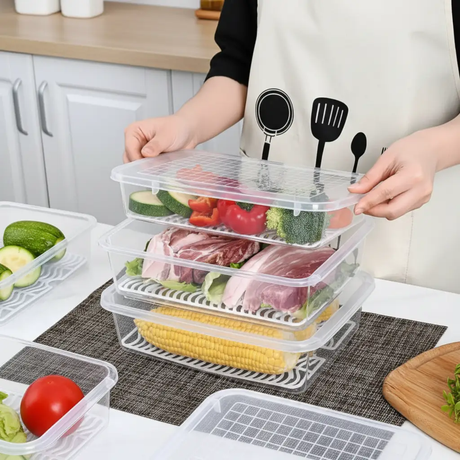 Stackable Fridge Storage Box with Removable Drain Plate Clear PP Meat Fish Vegetables Kitchen & Dining Food Storage Containers