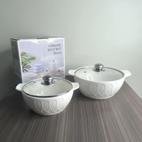 Serving Bowl Set - 2-Piece Ceramic 2L and 3L with Glass Lids White Embossed Kitchen & Dining Serving Platters