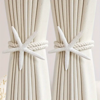 Curtain Tiebacks - Pair Boho Starfish Resin Cotton Rope 60cm Adjustable Drapery Holder White Home Decor Curtain Tiebacks