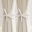 Curtain Tiebacks - Pair Boho Starfish Resin Cotton Rope 60cm Adjustable Drapery Holder White Home Decor Curtain Tiebacks
