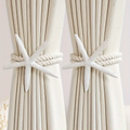 Curtain Tiebacks - Pair Boho Starfish Resin Cotton Rope 60cm Adjustable Drapery Holder White Home Decor Curtain Tiebacks