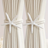 Curtain Tiebacks - Pair Boho Starfish Resin Cotton Rope 60cm Adjustable Drapery Holder White Home Decor Curtain Tiebacks