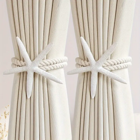Curtain Tiebacks - Pair Boho Starfish Resin Cotton Rope 60cm Adjustable Drapery Holder White Home Decor Curtain Tiebacks