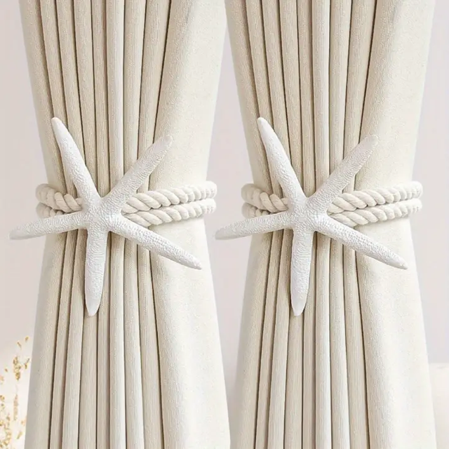 Curtain Tiebacks - Pair Boho Starfish Resin Cotton Rope 60cm Adjustable Drapery Holder White Home Decor Curtain Tiebacks