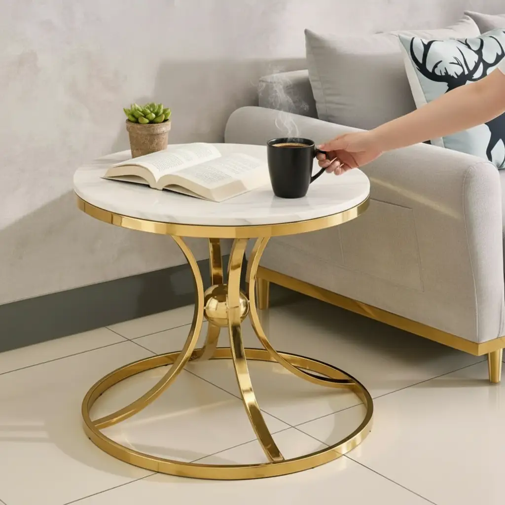 Side Table - Round Marble Top with Gold Hourglass Metal Base Furniture End Tables